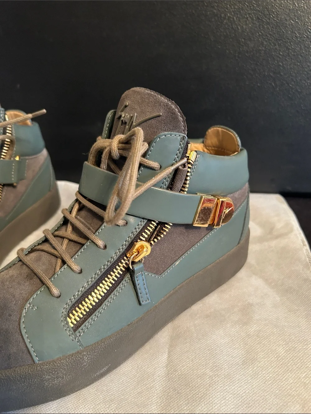Giuseppe Zanotti Brown and Olive High-Top Sneakers with Gold Hardware